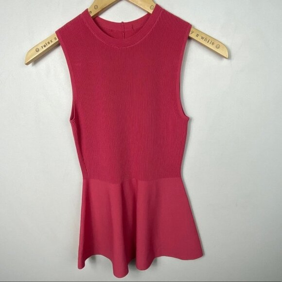 Theory Textured Gloss Shell Hot Pink Ribbed Knit Top Size XS Peplum Sleeveless - Picture 8 of 10